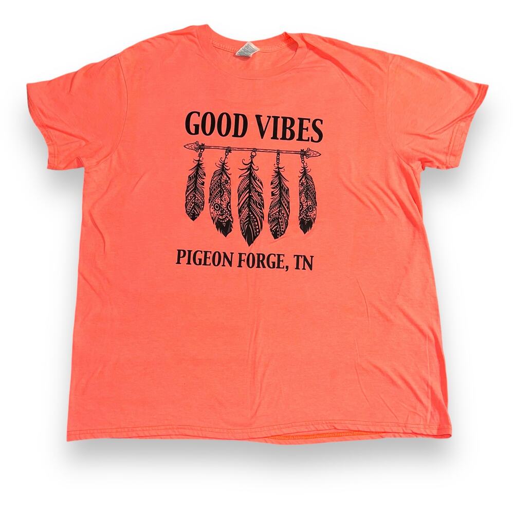 Pigeon Forge TN Womens Good Vibes T Shirt Top Short Sleeve Neon Orange Black XL